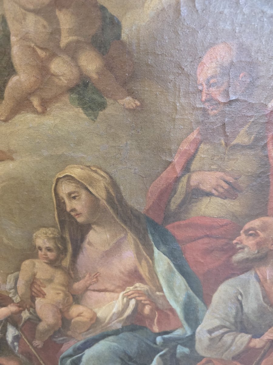 Olio su tela "Sacra Famiglia con San Giovannino e Santi" Napoli settecento-photo-7