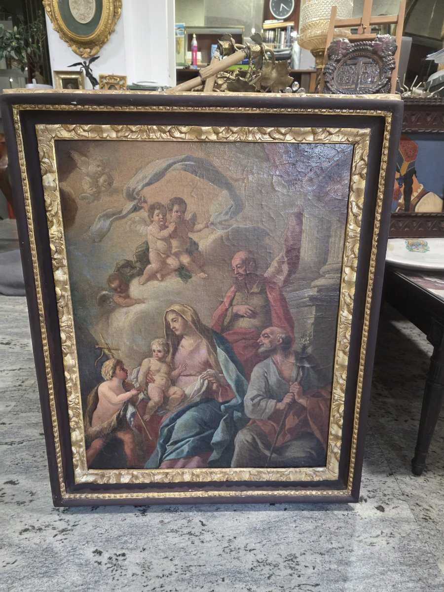 Olio su tela "Sacra Famiglia con San Giovannino e Santi" Napoli settecento
