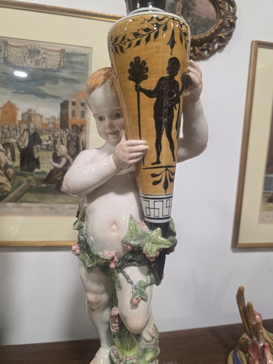 Coppia di putti in maiolica con vasi Ginori fine ottocento-photo-2