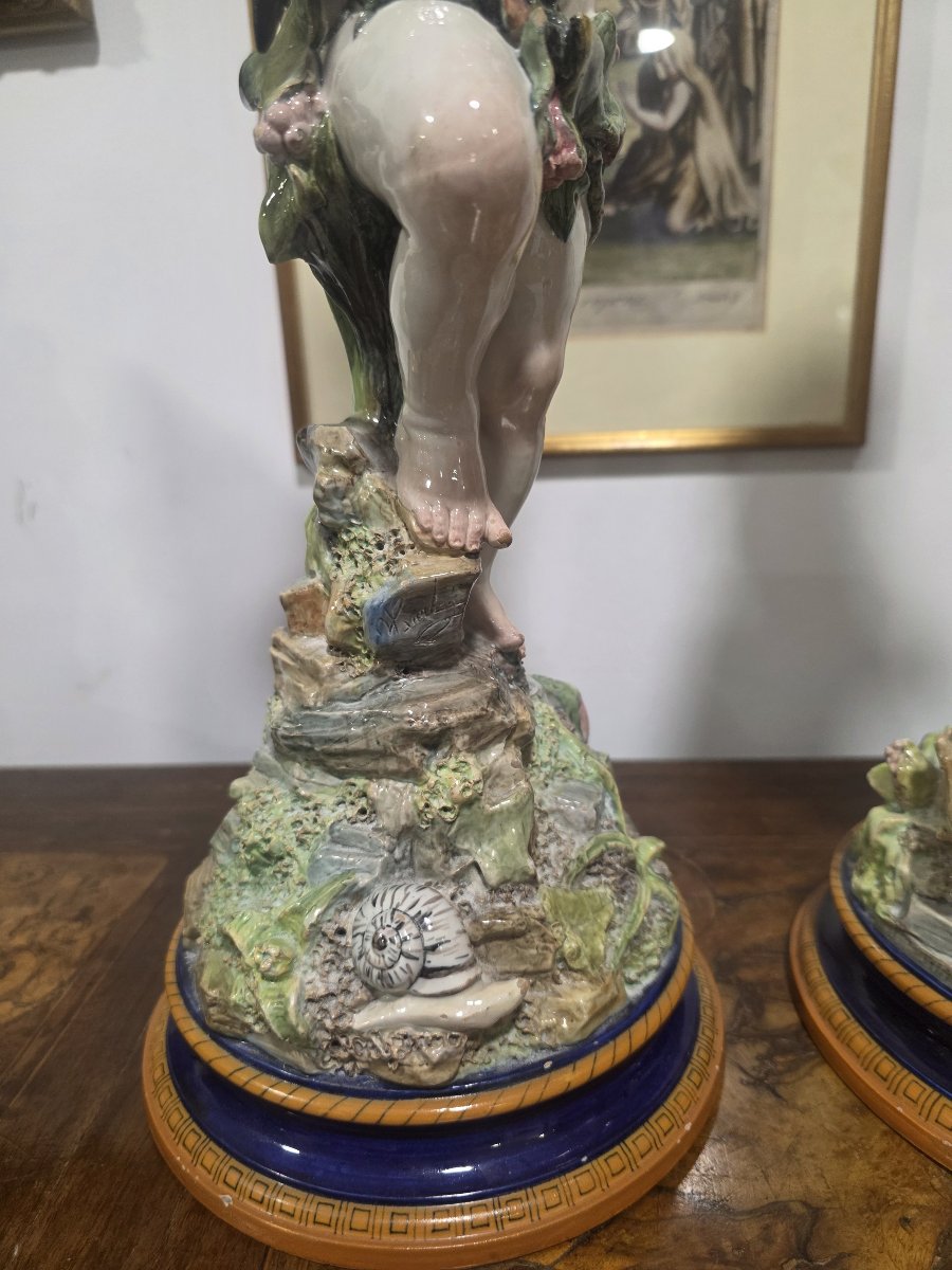 Coppia di putti in maiolica con vasi Ginori fine ottocento-photo-4