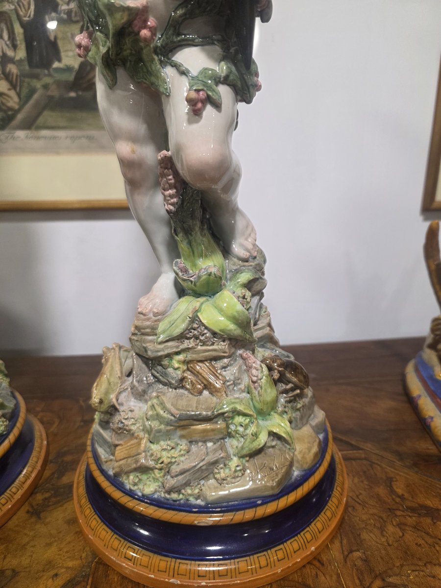Coppia di putti in maiolica con vasi Ginori fine ottocento-photo-1