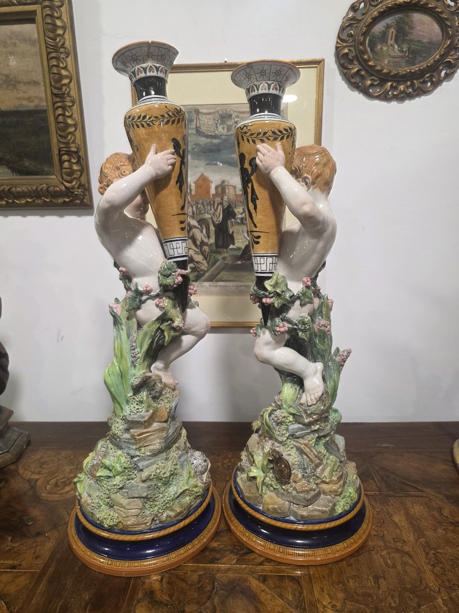 Coppia di putti in maiolica con vasi Ginori fine ottocento-photo-2