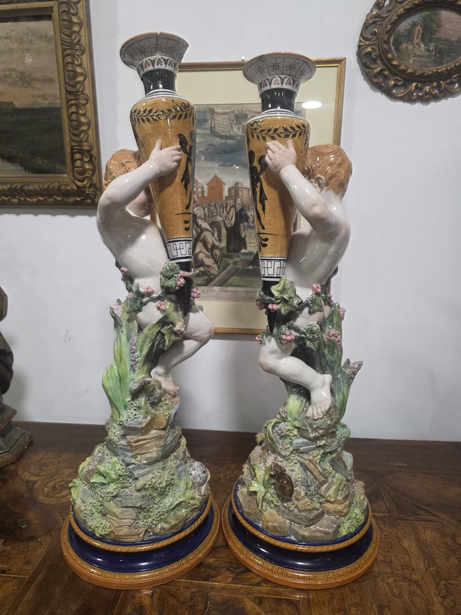 Coppia di putti in maiolica con vasi Ginori fine ottocento-photo-3