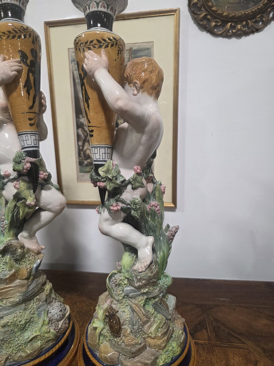 Coppia di putti in maiolica con vasi Ginori fine ottocento-photo-4