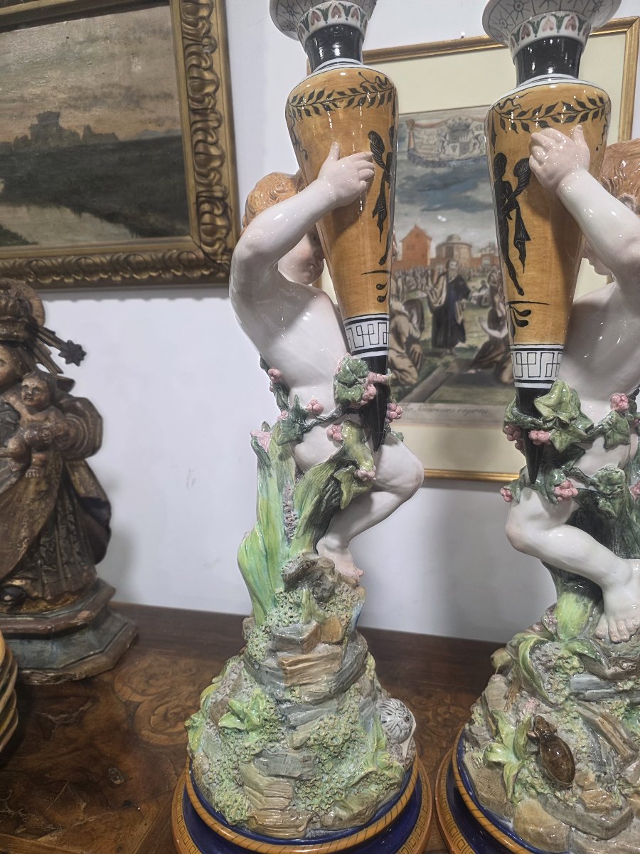 Coppia di putti in maiolica con vasi Ginori fine ottocento-photo-5