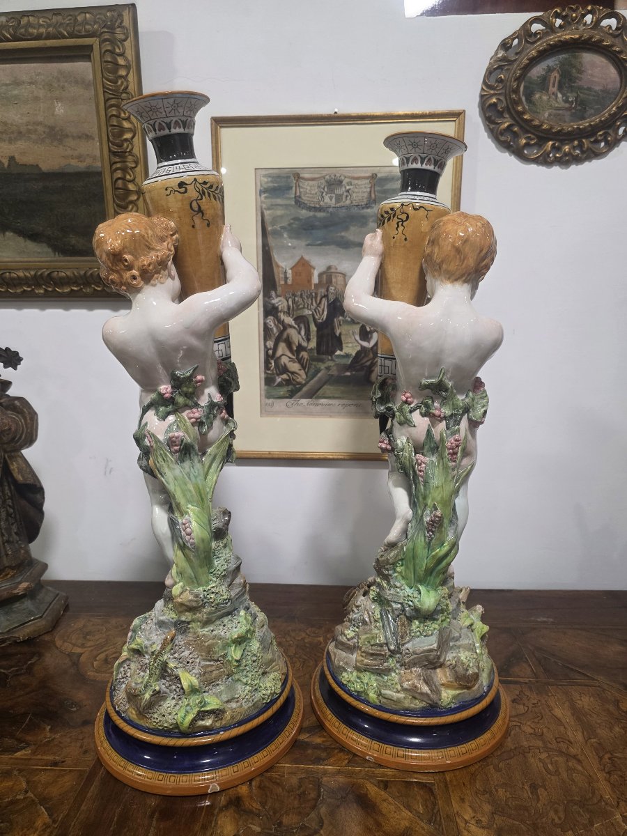 Coppia di putti in maiolica con vasi Ginori fine ottocento-photo-6