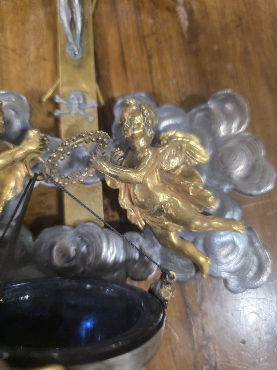 Grande acquasantiera in bronzo dorato e argento. Roma metà  settecento-photo-4
