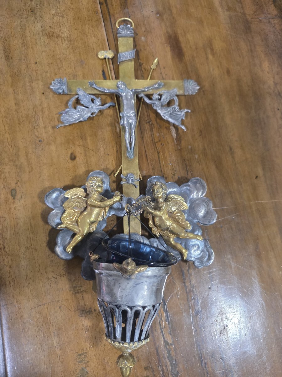 Grande acquasantiera in bronzo dorato e argento. Roma metà  settecento
