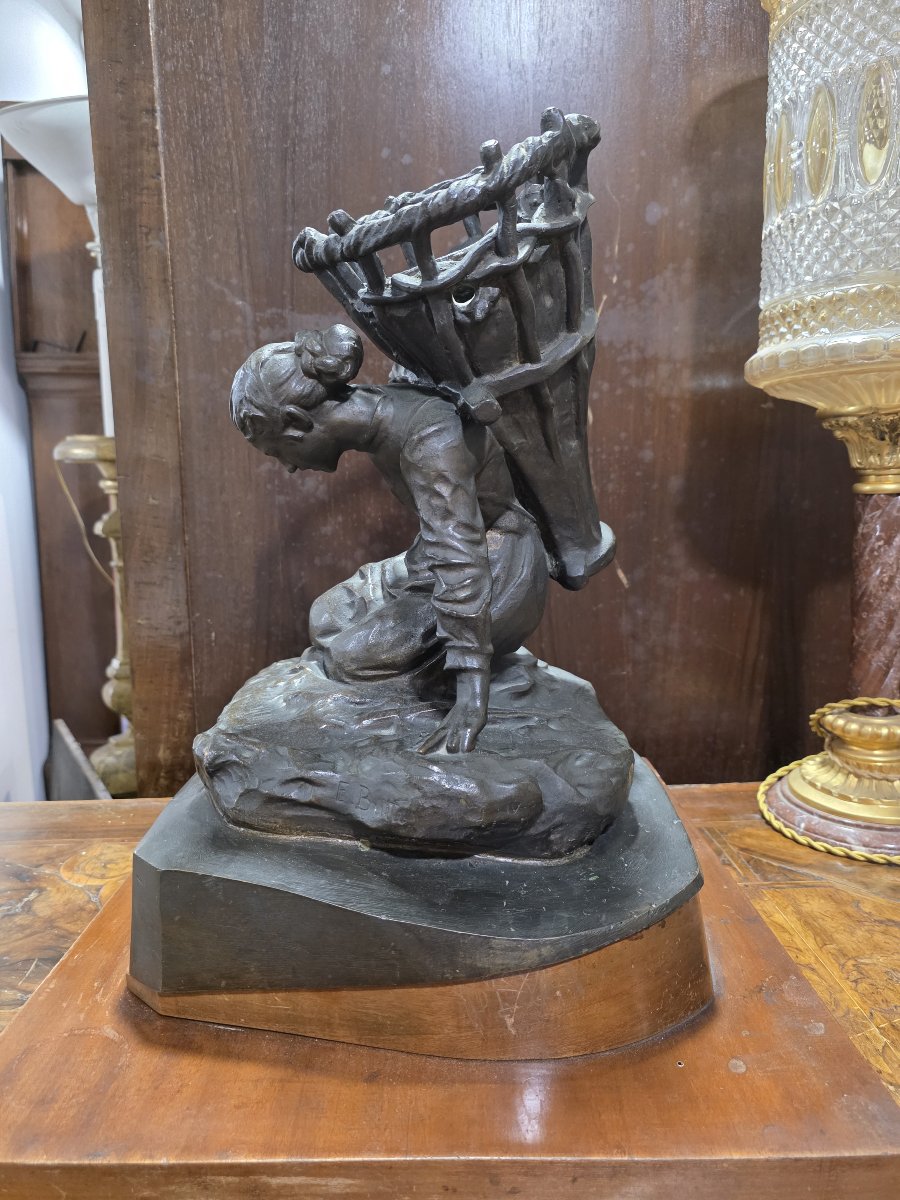 Scultura bronzo di Enrico Butti "Il gerletto" fine XIX secolo-photo-4