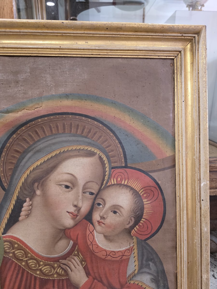 "Madonna del Buon Consiglio" - Olio su Tela - fine XVIII Secolo con Cornice Dorata Coeva-photo-4