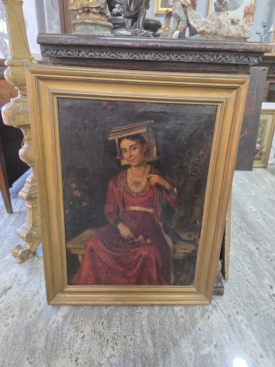 Olio su tela raffigurante una donna del popolo in costume tradizionale dell'Italia centrale.-photo-2