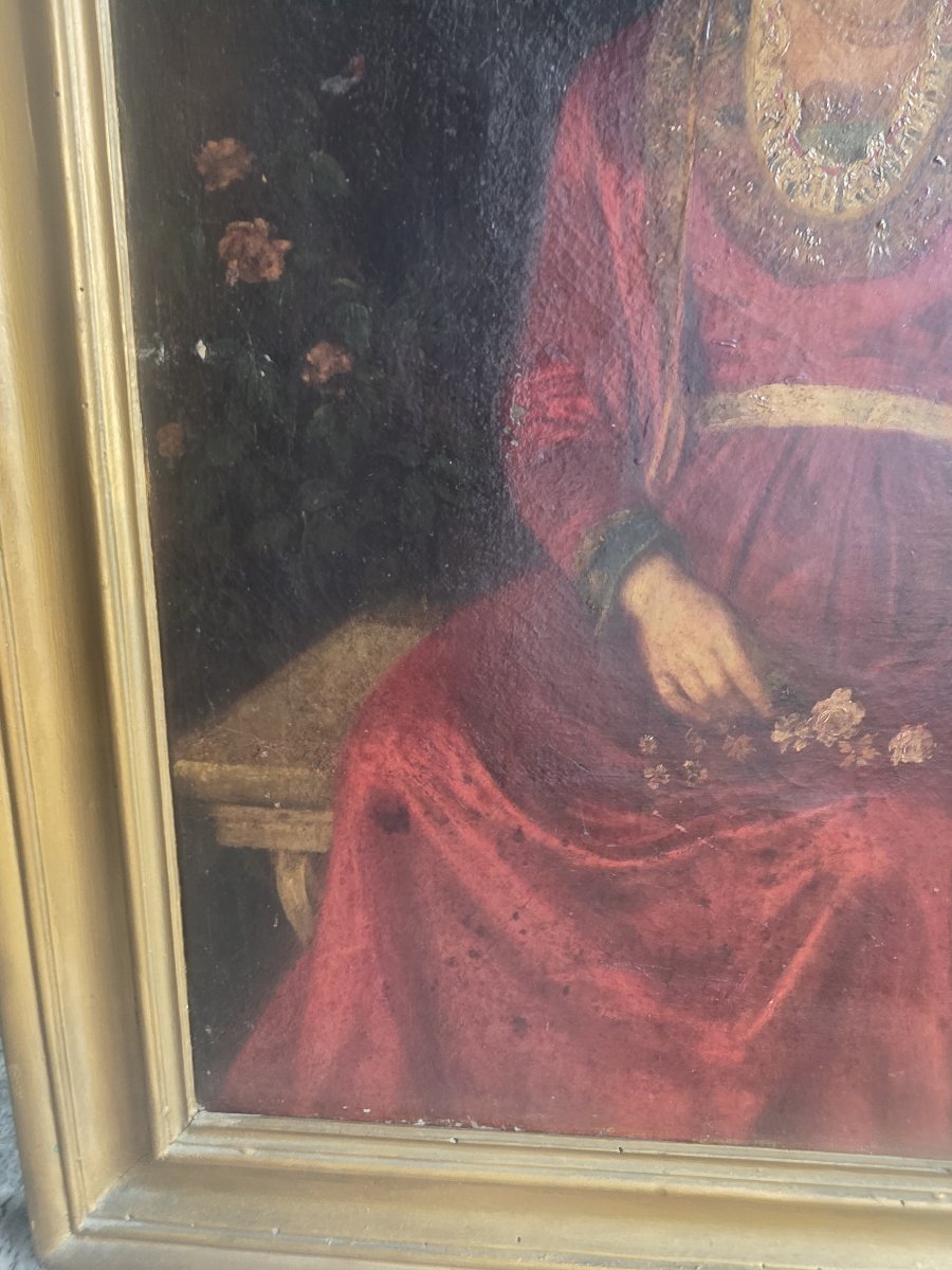 Olio su tela raffigurante una donna del popolo in costume tradizionale dell'Italia centrale.-photo-4