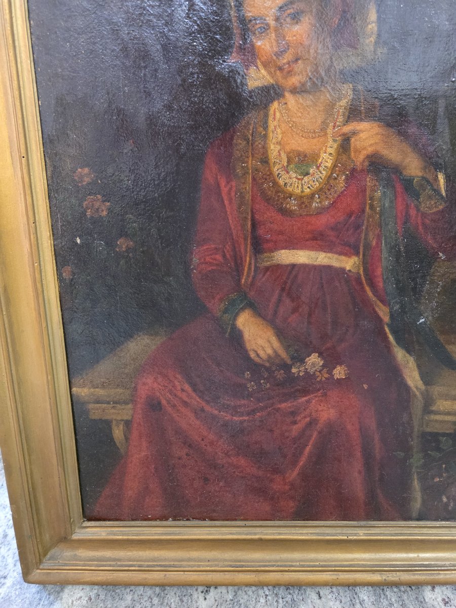 Olio su tela raffigurante una donna del popolo in costume tradizionale dell'Italia centrale.-photo-3