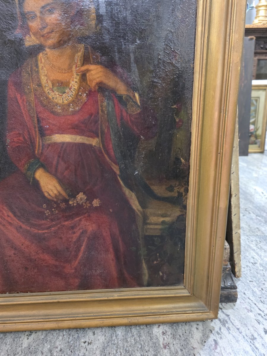 Olio su tela raffigurante una donna del popolo in costume tradizionale dell'Italia centrale.-photo-4