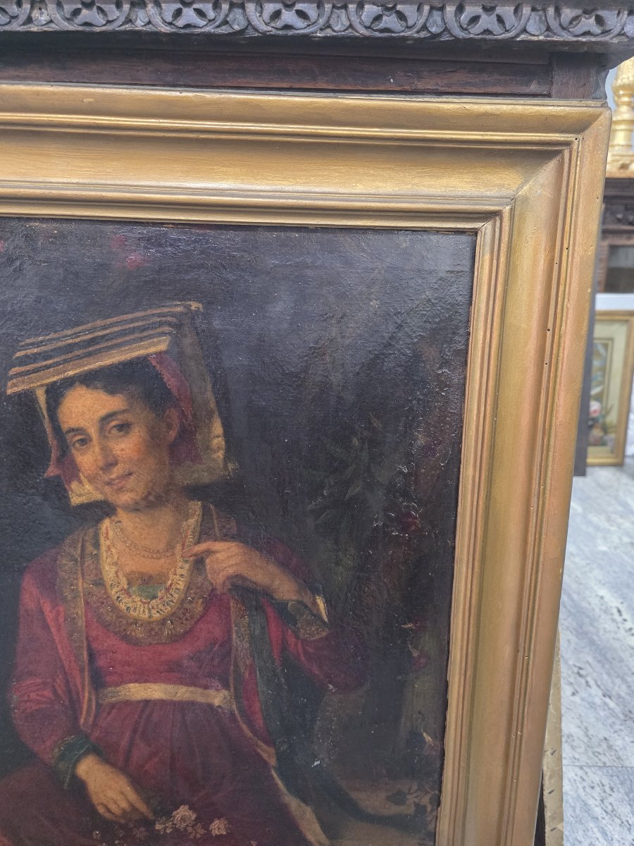 Olio su tela raffigurante una donna del popolo in costume tradizionale dell'Italia centrale.-photo-5