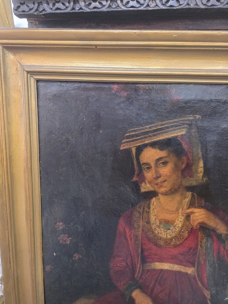 Olio su tela raffigurante una donna del popolo in costume tradizionale dell'Italia centrale.-photo-6