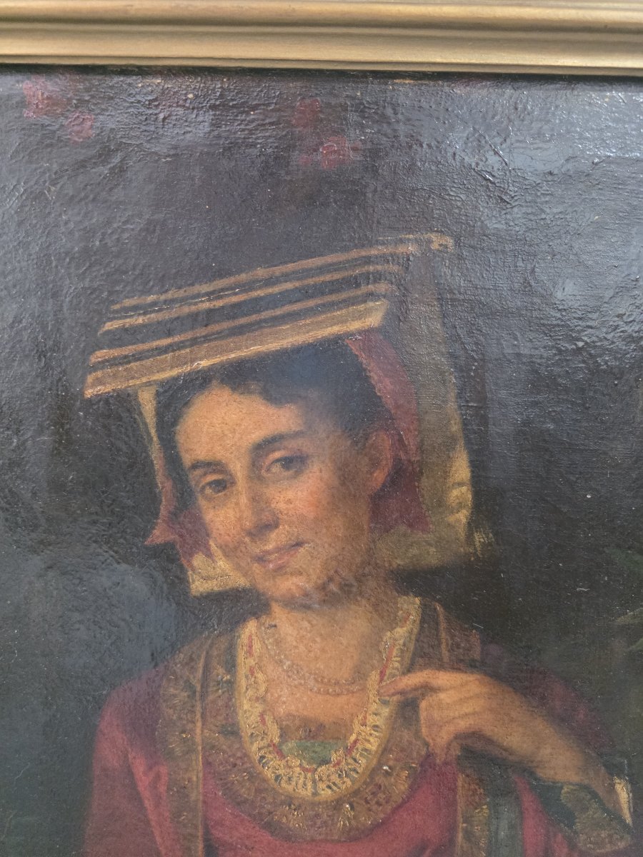Olio su tela raffigurante una donna del popolo in costume tradizionale dell'Italia centrale.-photo-7