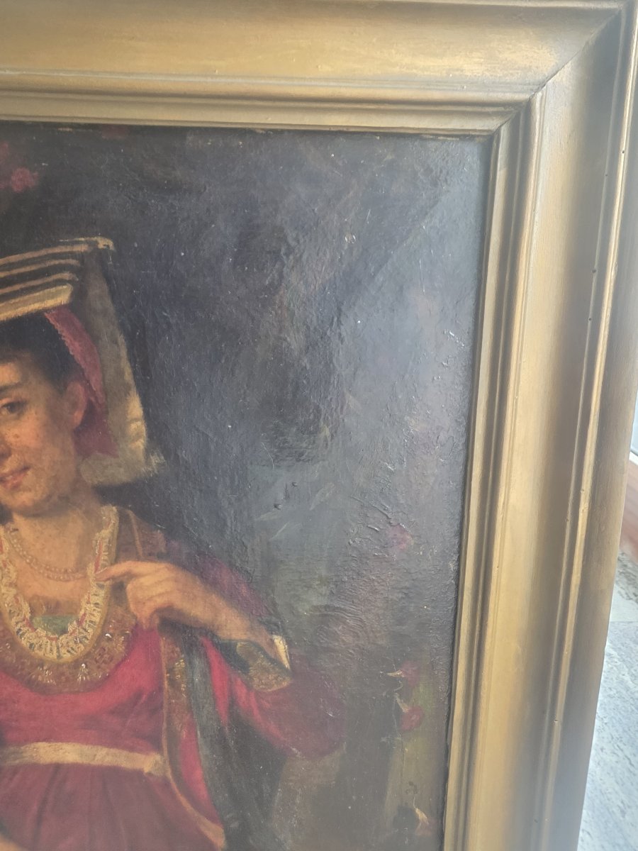 Olio su tela raffigurante una donna del popolo in costume tradizionale dell'Italia centrale.-photo-1