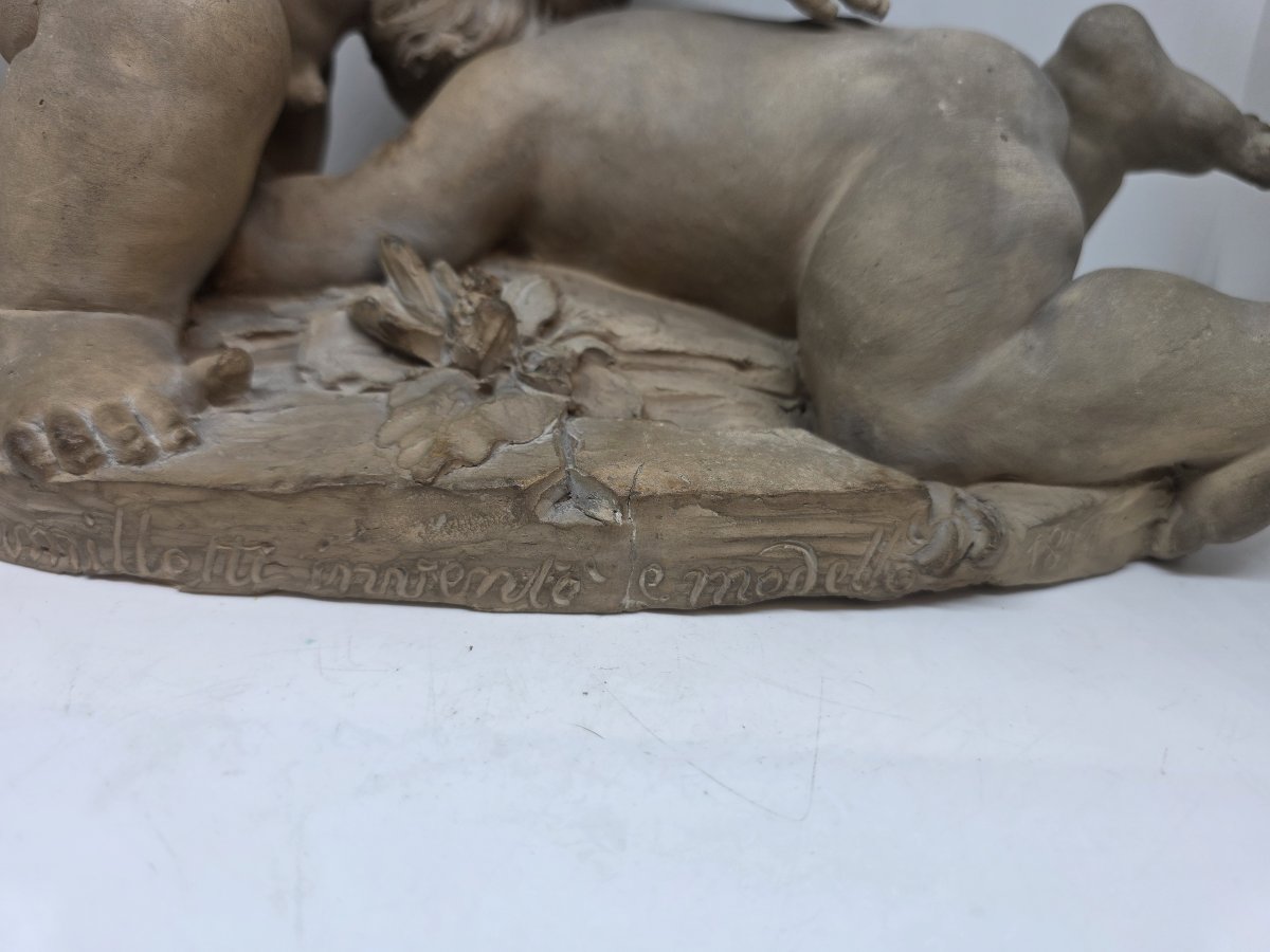 Scultura in terracotta "Gatta Cieca" di Francesco Camillotti, datata 1874-photo-3