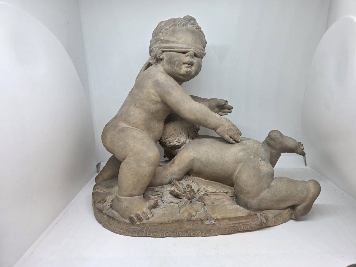 Scultura in terracotta "Gatta Cieca" di Francesco Camillotti, datata 1874