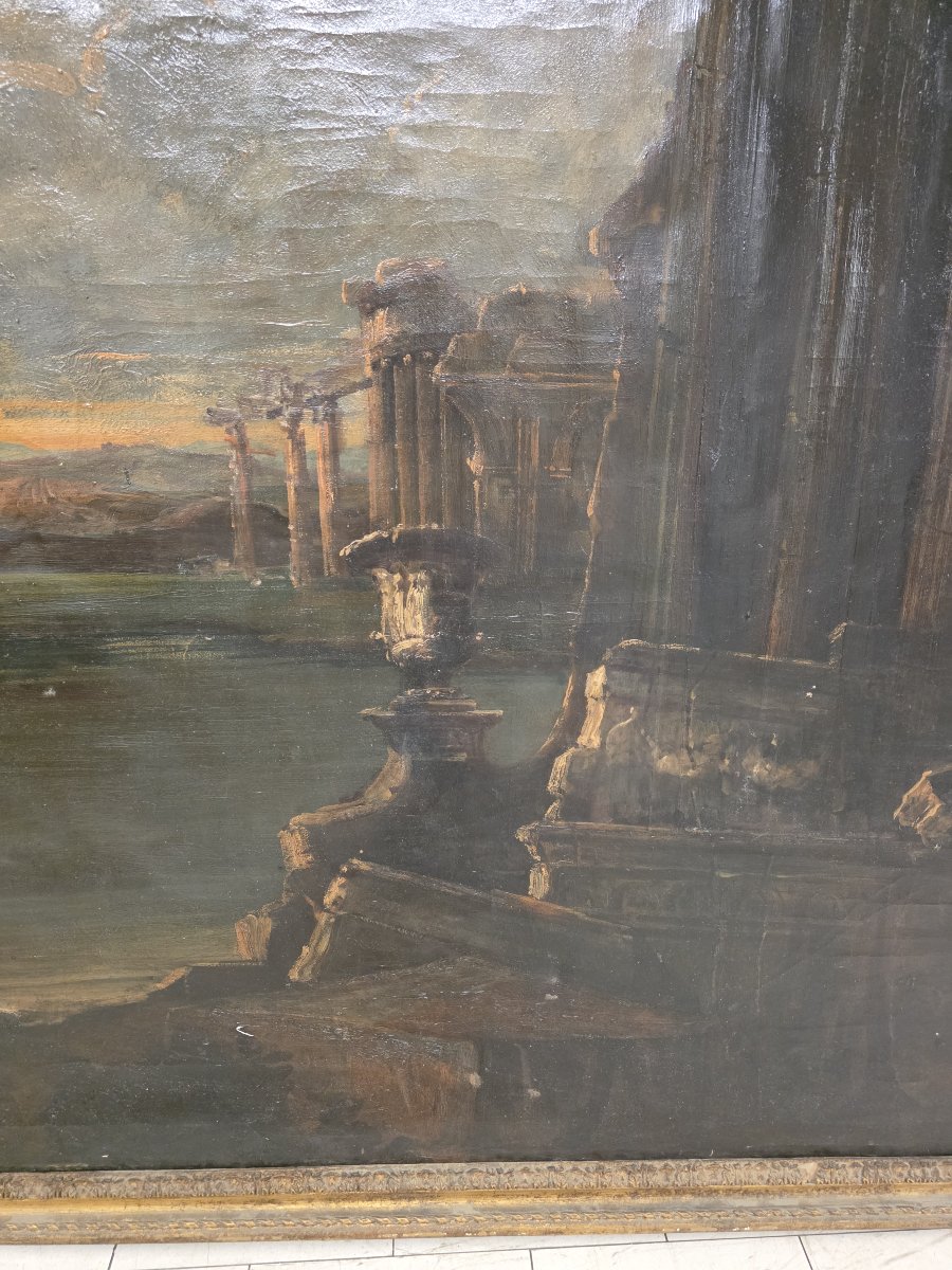 Grande Capriccio con Rovine Classiche e Veduta Costiera - Italia XIX Secolto-photo-5