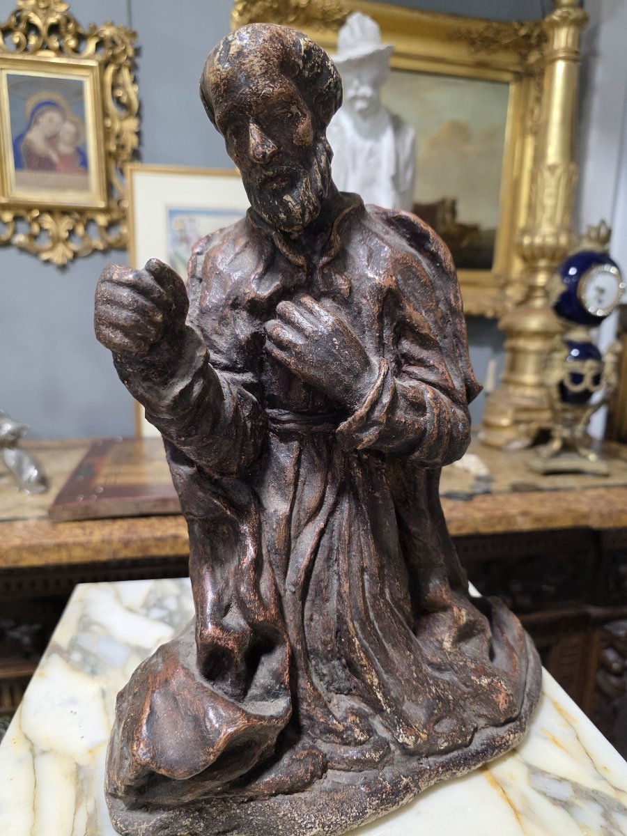 Scultura barocca in terracotta o scagliola raffigurante Santo (XVII/XVIII)-photo-4