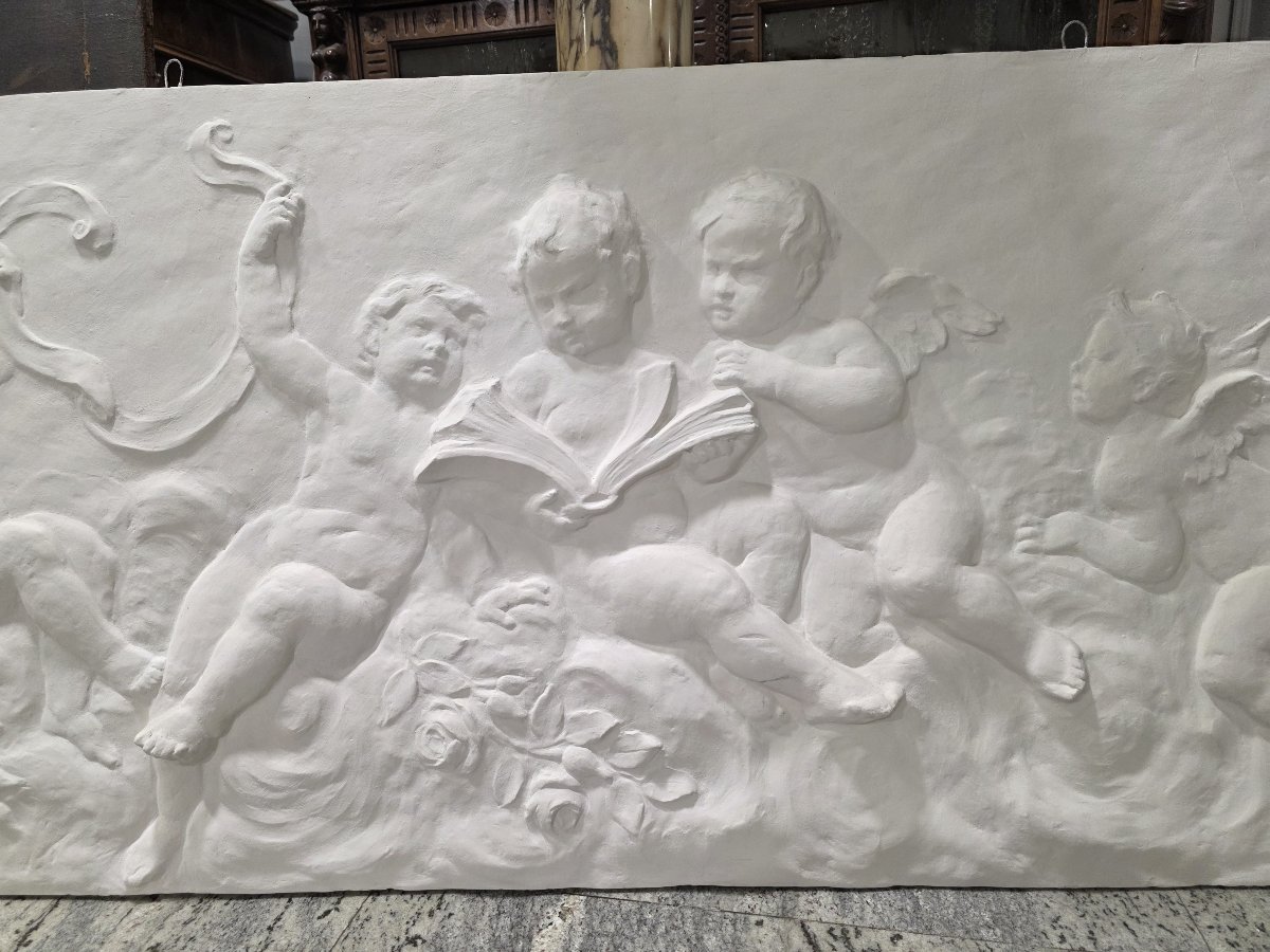 Coppia di grandi bassorilievi in gesso raffiguranti Allegoria di Putti – Fine XIX / Inizio XX-photo-2