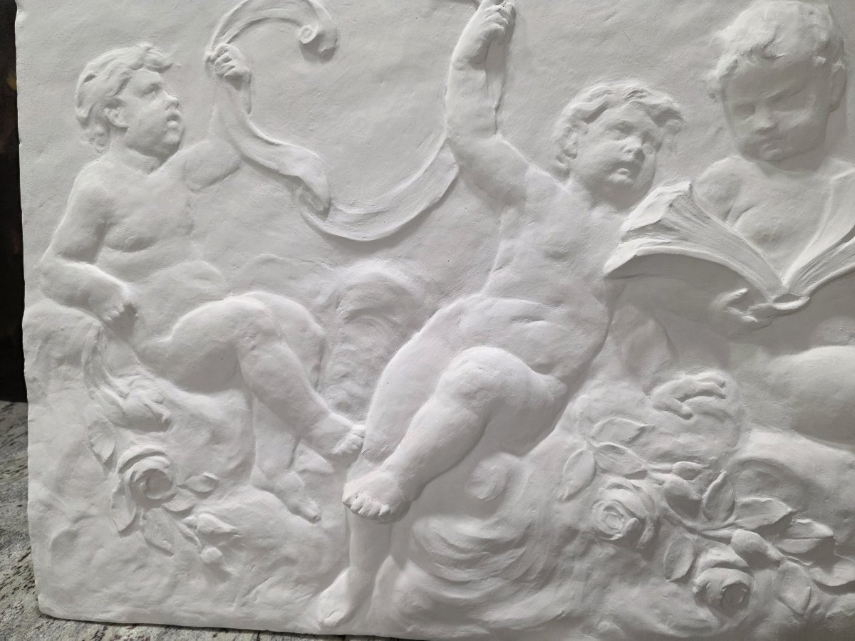 Coppia di grandi bassorilievi in gesso raffiguranti Allegoria di Putti – Fine XIX / Inizio XX-photo-4