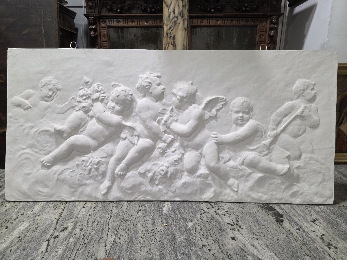 Coppia di grandi bassorilievi in gesso raffiguranti Allegoria di Putti – Fine XIX / Inizio XX-photo-3