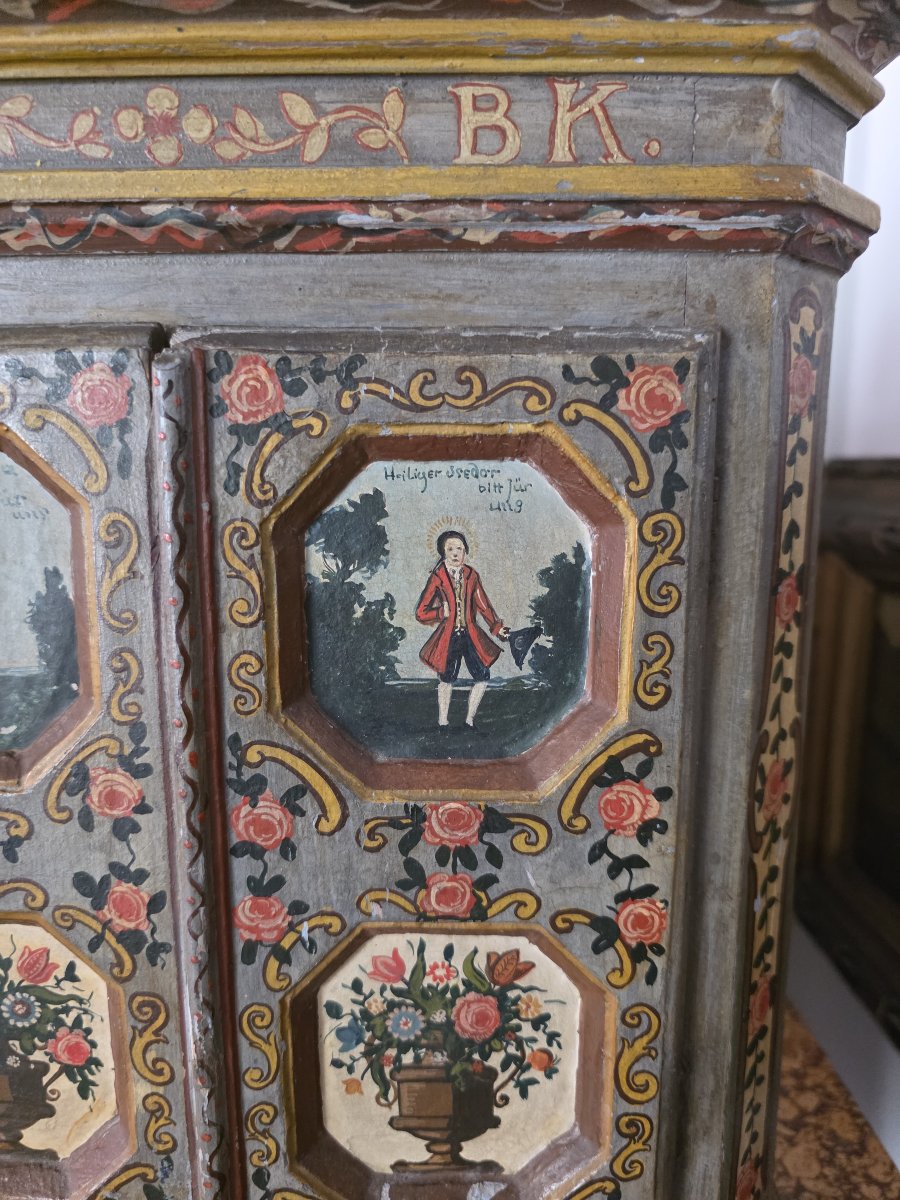 Raro Stipo Devozionale Policromo Tirolese Datato 1750 – S. Notburga e S. Isidoro-photo-2