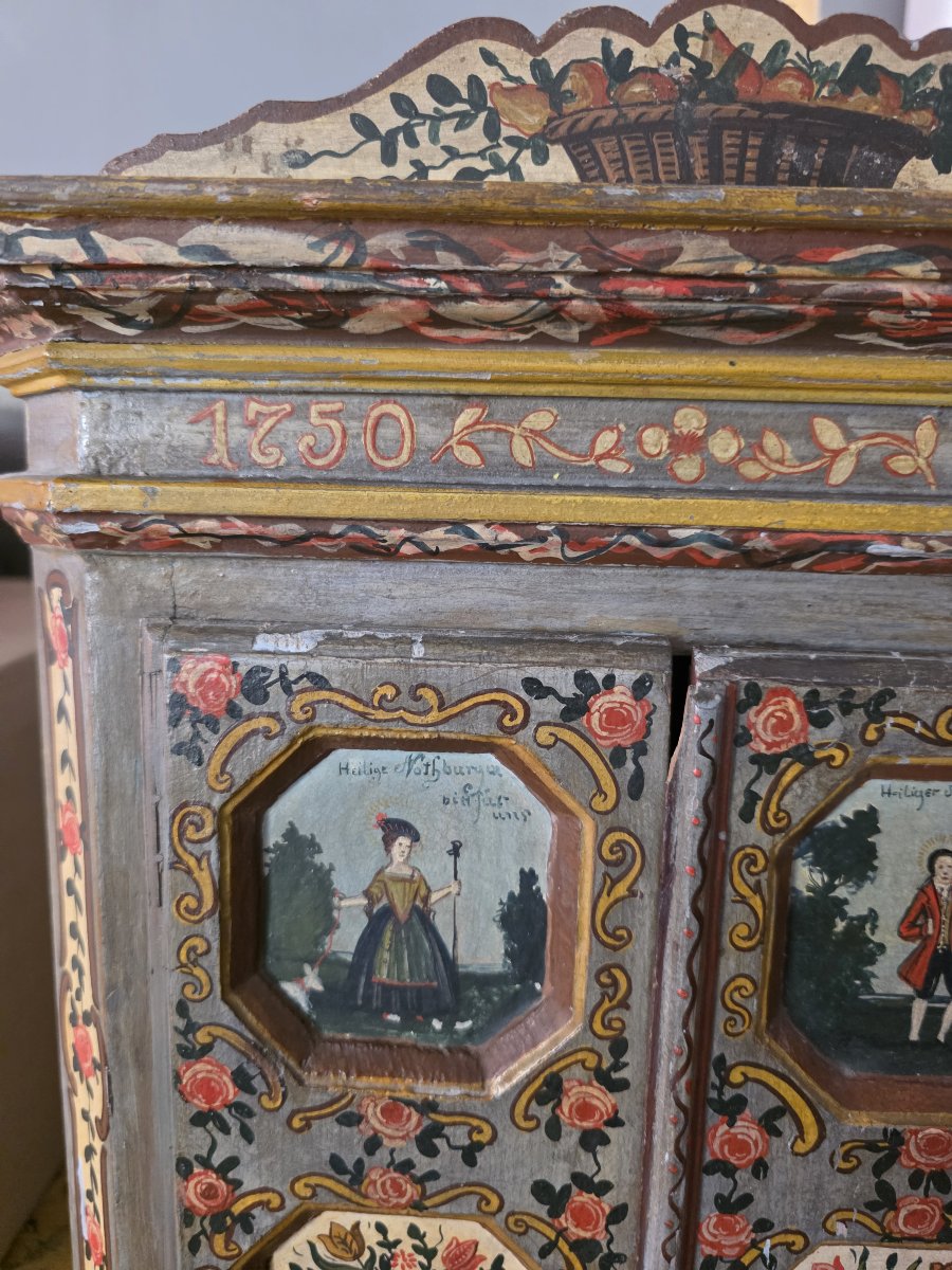 Raro Stipo Devozionale Policromo Tirolese Datato 1750 – S. Notburga e S. Isidoro-photo-4