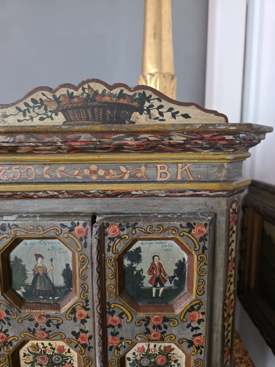 Raro Stipo Devozionale Policromo Tirolese Datato 1750 – S. Notburga e S. Isidoro-photo-1