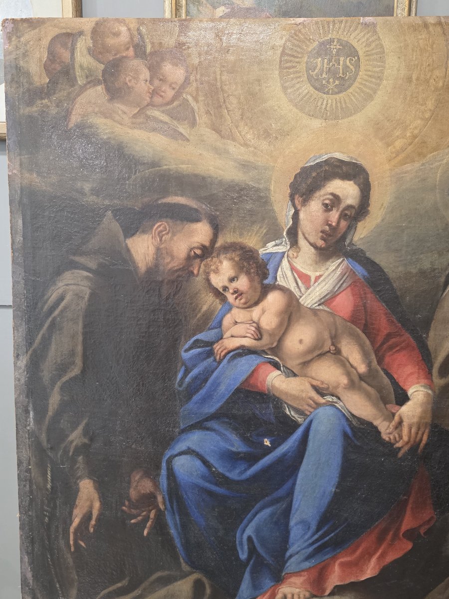 Pala olio su tela del XVII secolo - Madonna col Bambino, Santi Francescani e Committenti-photo-2