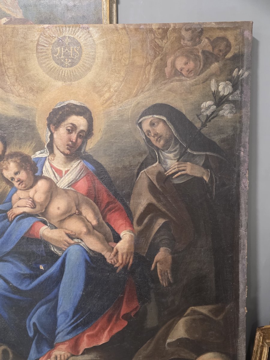 Pala olio su tela del XVII secolo - Madonna col Bambino, Santi Francescani e Committenti-photo-3