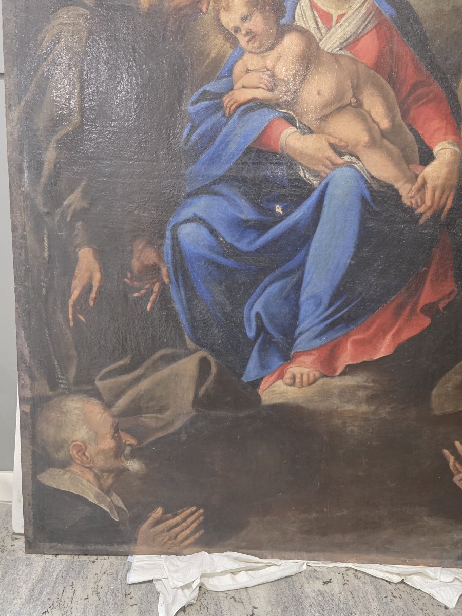Pala olio su tela del XVII secolo - Madonna col Bambino, Santi Francescani e Committenti-photo-1