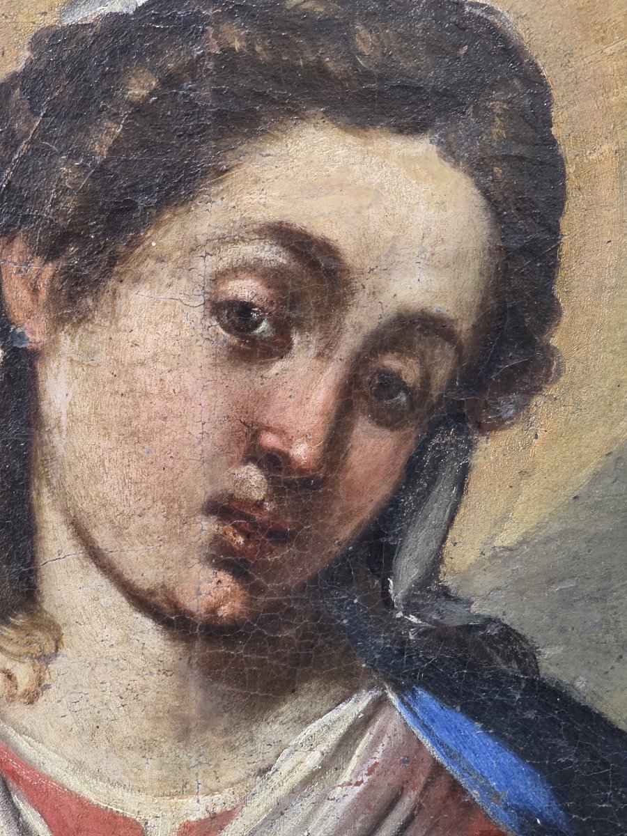 Pala olio su tela del XVII secolo - Madonna col Bambino, Santi Francescani e Committenti-photo-3