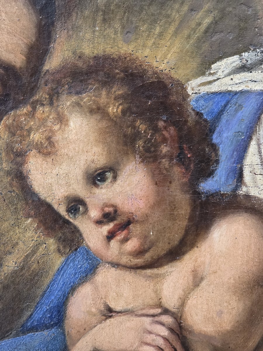 Pala olio su tela del XVII secolo - Madonna col Bambino, Santi Francescani e Committenti-photo-4