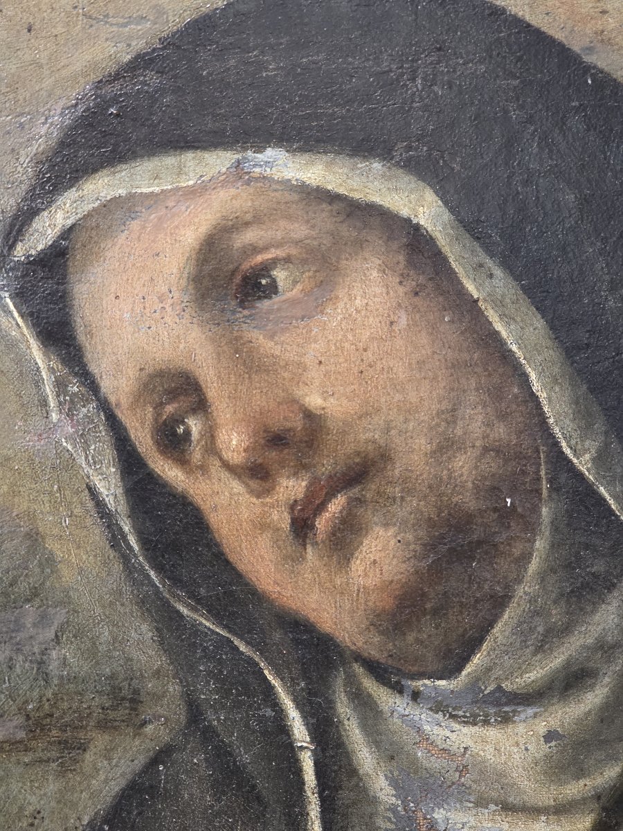 Pala olio su tela del XVII secolo - Madonna col Bambino, Santi Francescani e Committenti-photo-6