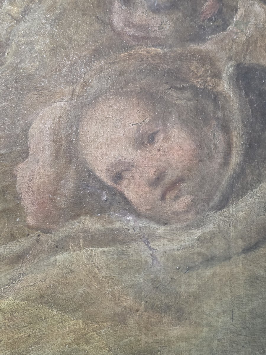 Pala olio su tela del XVII secolo - Madonna col Bambino, Santi Francescani e Committenti-photo-7