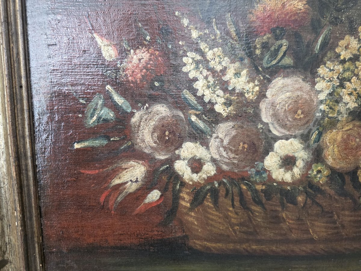 Coppia di Nature Morte con Cesti di Fiori - Olio su tela, XVII / XVIII Secolo-photo-4