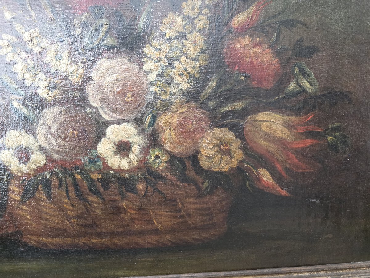 Coppia di Nature Morte con Cesti di Fiori - Olio su tela, XVII / XVIII Secolo-photo-1