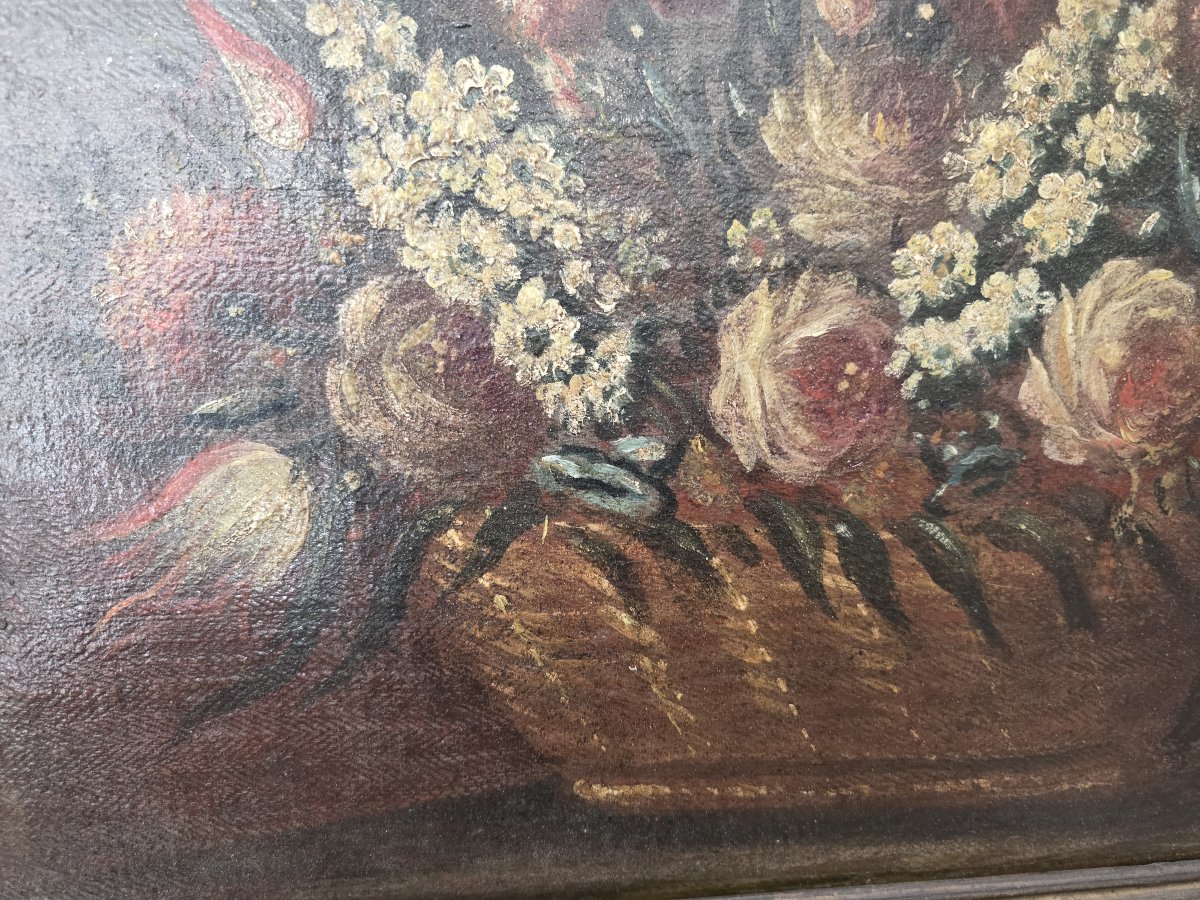 Coppia di Nature Morte con Cesti di Fiori - Olio su tela, XVII / XVIII Secolo-photo-6