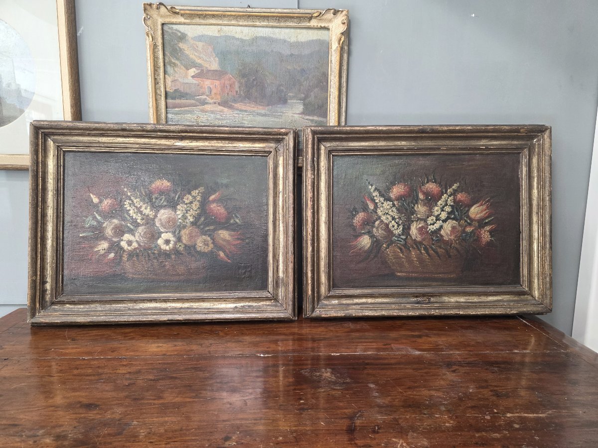 Coppia di Nature Morte con Cesti di Fiori - Olio su tela, XVII / XVIII Secolo