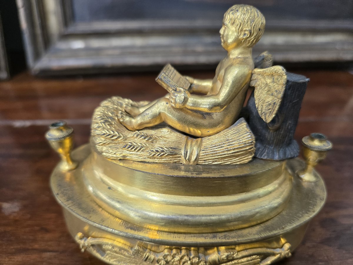 Calamaio d'Epoca Impero in Bronzo Finemente Cesellato e Dorato-photo-2
