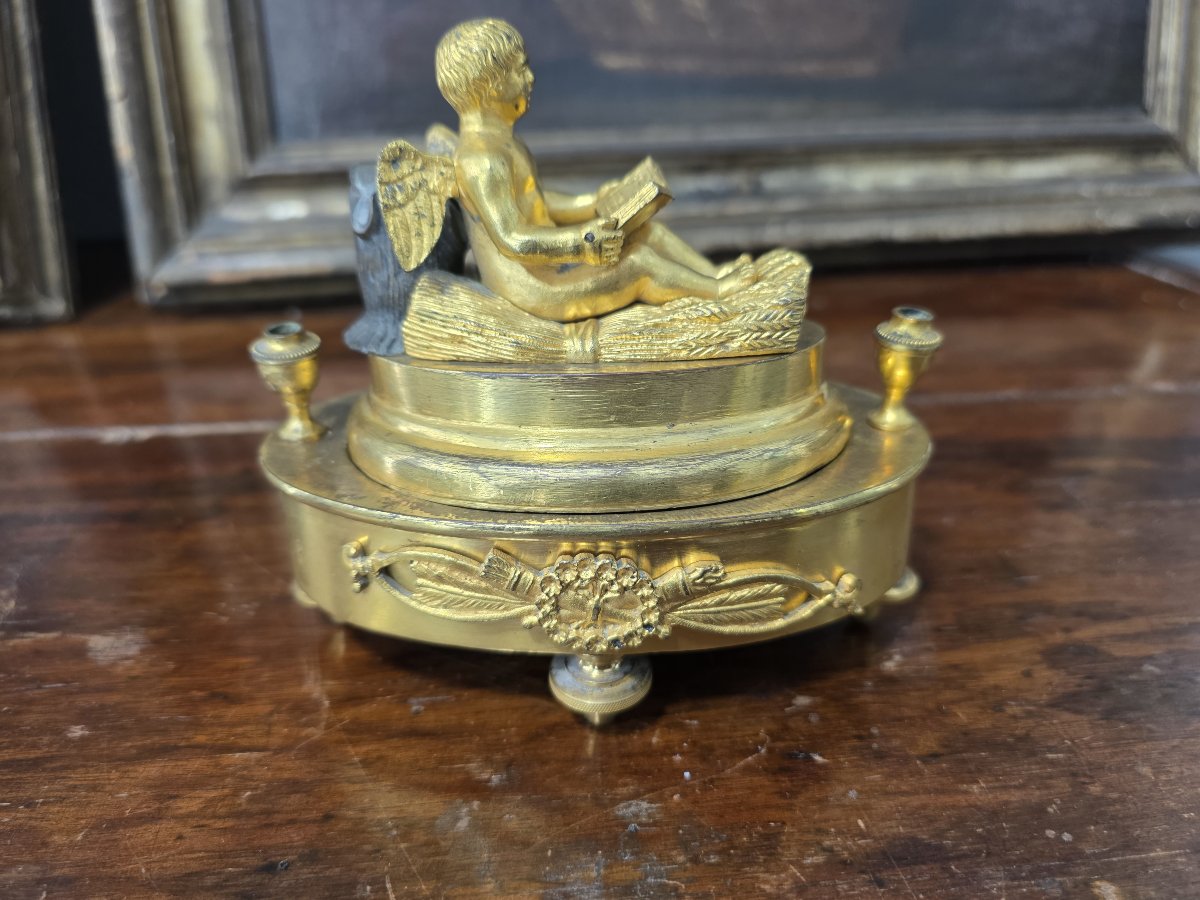 Calamaio d'Epoca Impero in Bronzo Finemente Cesellato e Dorato-photo-4