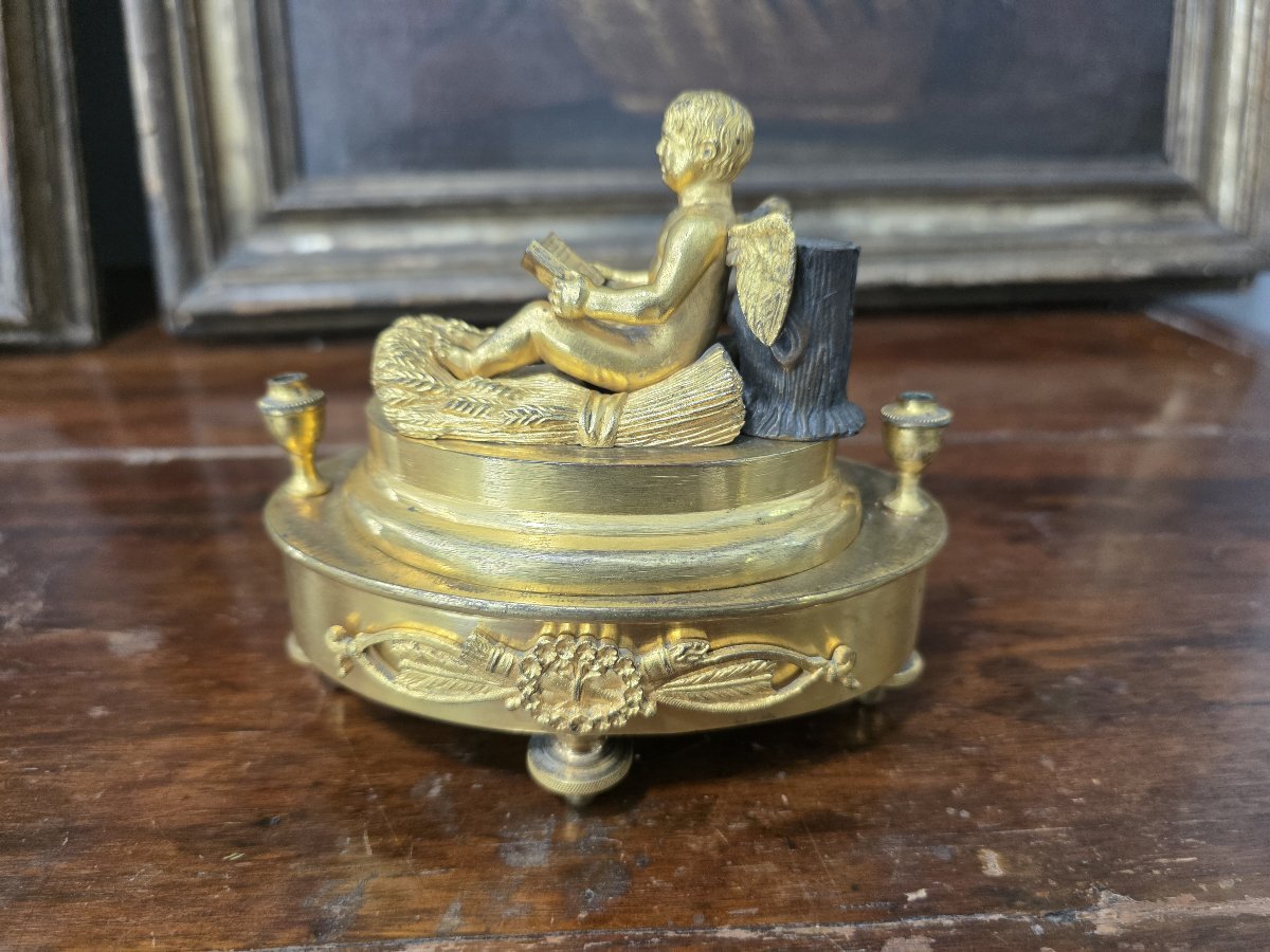 Calamaio d'Epoca Impero in Bronzo Finemente Cesellato e Dorato