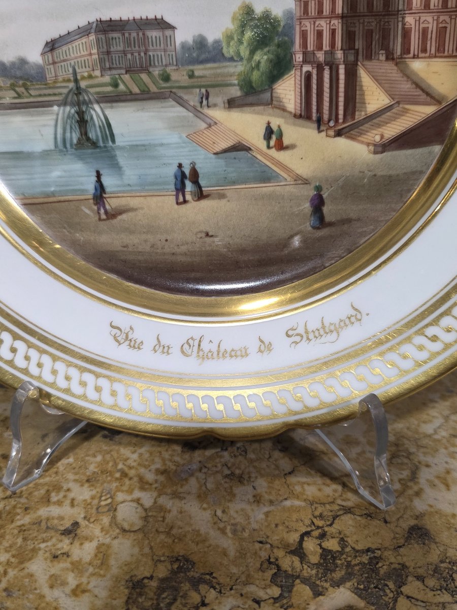 Piatto in porcellana di Parigi, epoca Restaurazione - Veduta del Castello di Stoccarda-photo-2