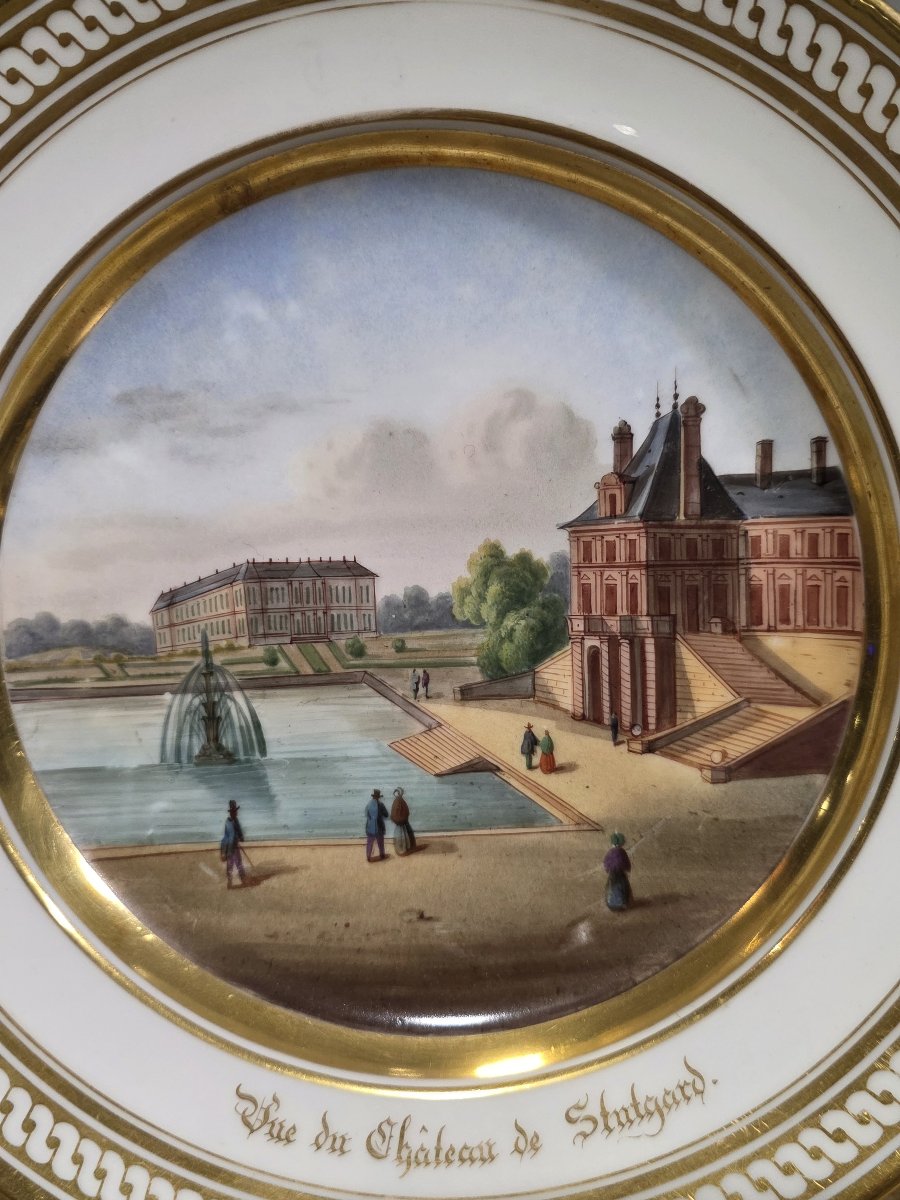 Piatto in porcellana di Parigi, epoca Restaurazione - Veduta del Castello di Stoccarda-photo-3