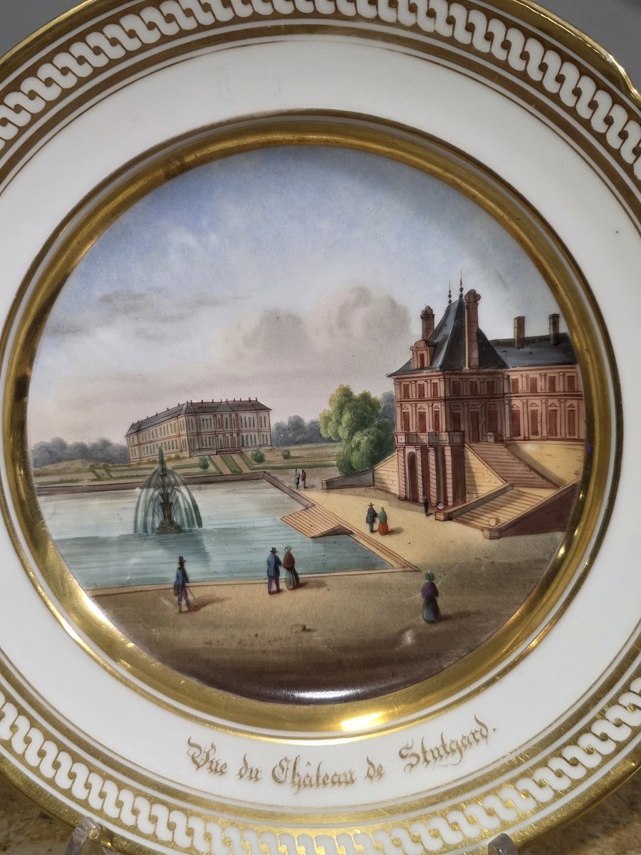 Piatto in porcellana di Parigi, epoca Restaurazione - Veduta del Castello di Stoccarda-photo-4
