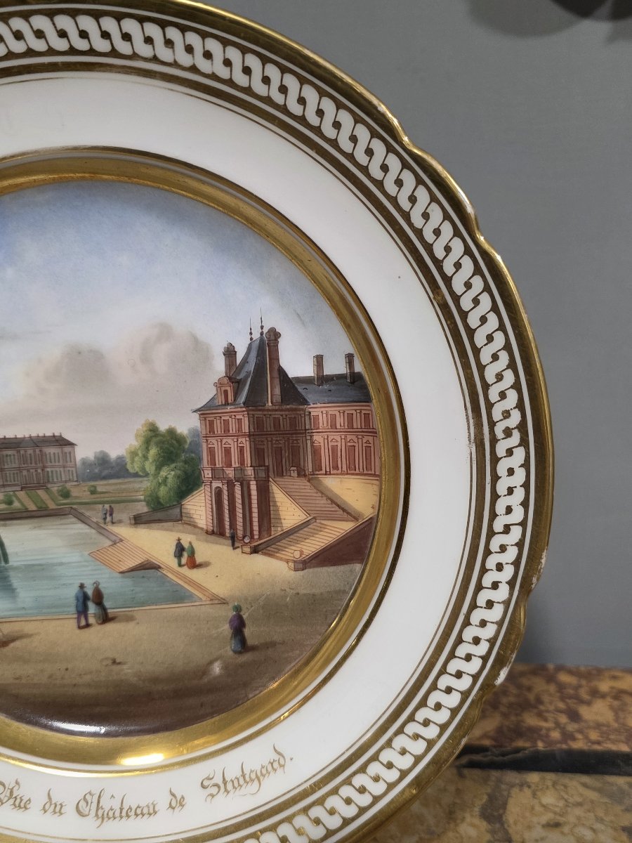 Piatto in porcellana di Parigi, epoca Restaurazione - Veduta del Castello di Stoccarda-photo-1